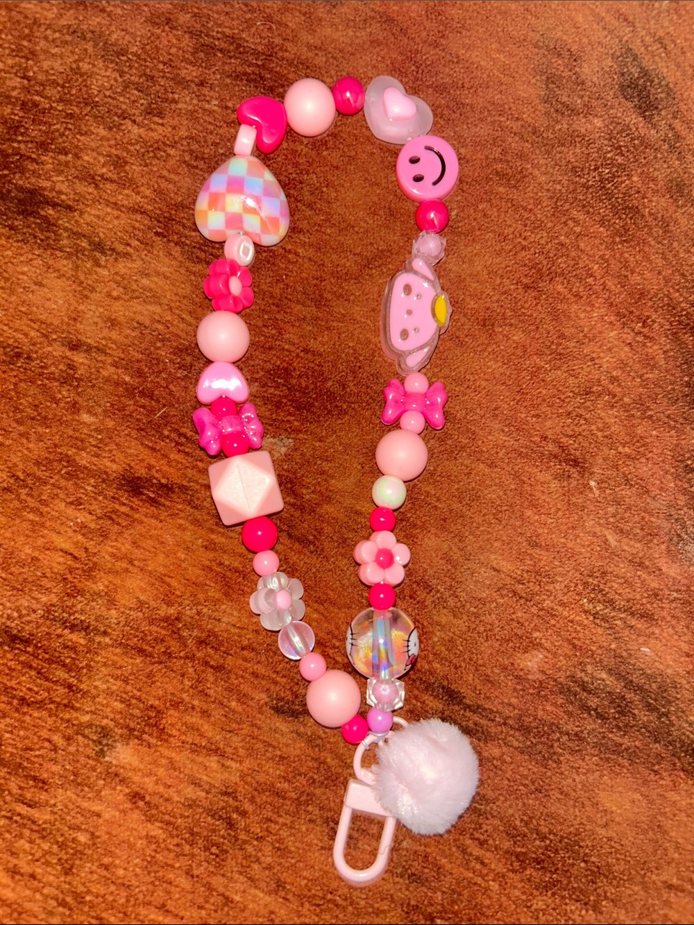 Kids Pink Beaded Pacifier Clip with Pom Pom
